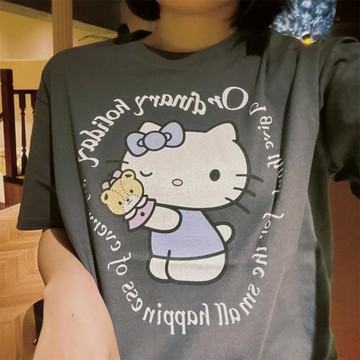炭灰復古KT貓字母印花jisoo同款休閑百搭韓版純棉寬松T恤短袖潮牌