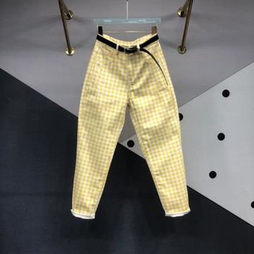黃色細格子蘿卜牛仔褲女歐貨2025春季新款百搭顯瘦卷邊小腳哈倫褲