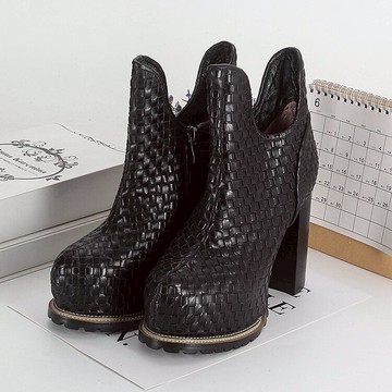 B系列春秋新款專柜撤柜女鞋黑色粗高跟潮流走秀款高幫皮鞋 26645