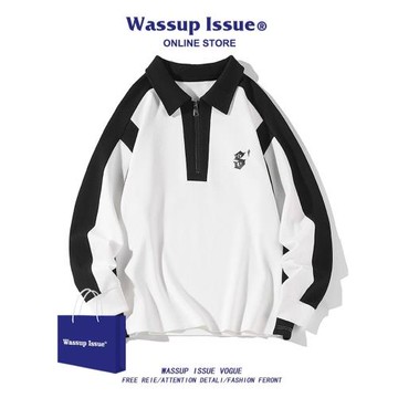 WASSUP ISSUE大碼Polo領衛衣男春秋季潮牌美式撞色休閑寬松打底衫