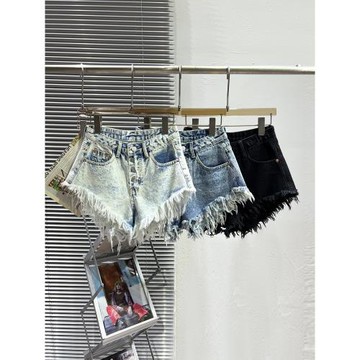 歐美辣妹高腰A字流蘇毛邊牛仔短褲女復古排扣2023年新款超短熱褲