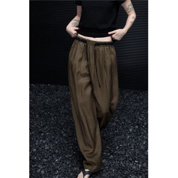 moment咖色休閑亞麻闊腿褲女2025春季新款簡約百搭松弛感慵懶風