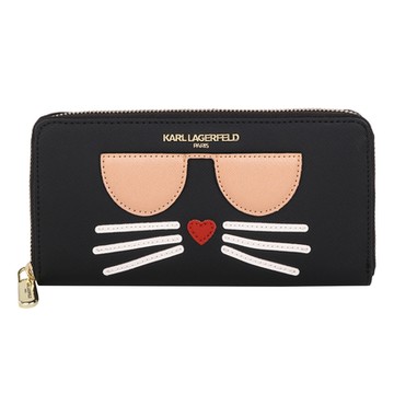 KARL LAGERFELD 卡爾貓咪防刮皮革ㄇ型拉鍊長夾(黑)