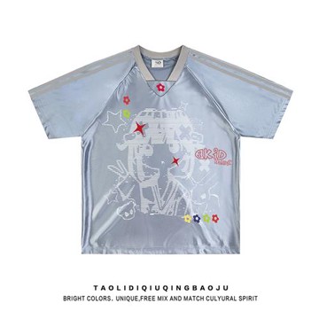 二次元動漫印花球衣短袖T恤女夏季y2k千禧風寬松休閑運動V領上衣