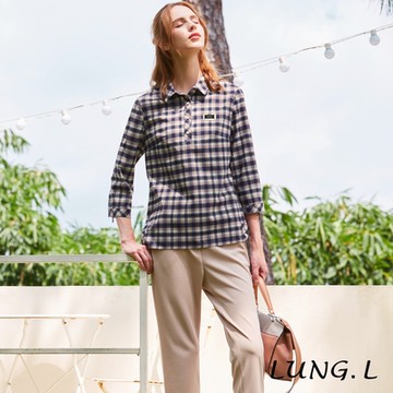 LUNG.L林佳樺 藍色格紋半開襟七分袖長版女裝上衣LR02A