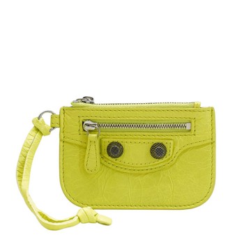 Balenciaga Le Cagole 小羊皮鉚釘拉鍊零錢包(螢光黃)