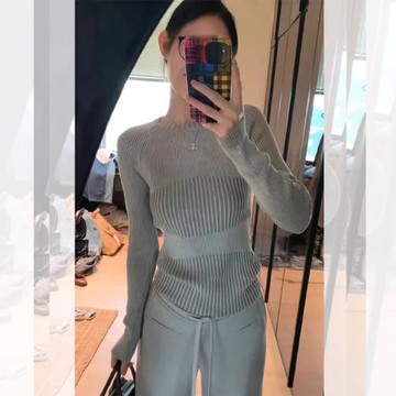 法式氣質灰色條紋羊毛針織打底衫女秋冬高級感內搭修身顯瘦小上衣