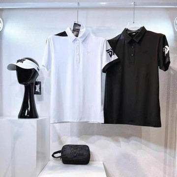 新款男士高爾夫服裝黑白色短袖休閑運動T恤速干透氣排汗寬松透氣