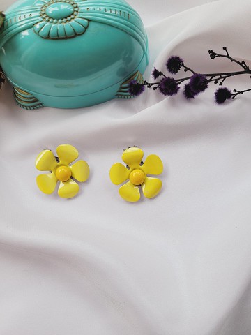 美國西洋古董飾品 / 60年代 可愛黃色小花 釉質花 夾式耳環 古董首飾