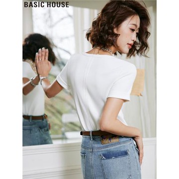 Basic House/百家好高階博主白色U領百搭短袖T恤打底內搭上衣女秋