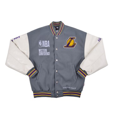 【NBA Store限定發售】NBA 立體電繡 皮質 鋪棉 棒球外套 湖人隊 灰