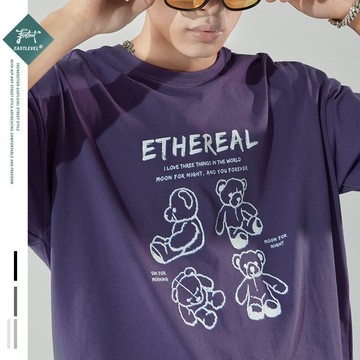 *春夏寬松大碼日系短袖T恤男國潮街頭嘻哈INS小熊印花情侶純棉上