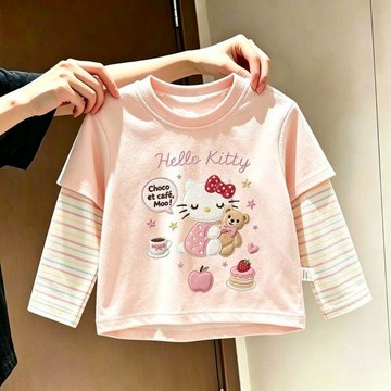兒童長袖上衣 女童上衣 男童上衣 保暖上衣女童長袖T恤春秋季新款卡通假兩件上衣女孩寶寶可愛洋氣打底衫童裝