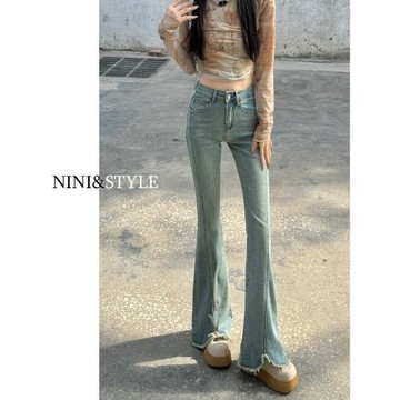 毛邊微喇牛仔褲女2024年春秋新款淺藍色高腰顯瘦小個子馬蹄喇叭褲