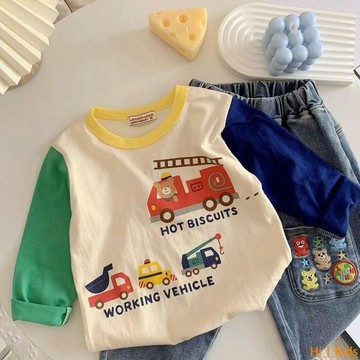 【Hi！Kids】熱銷新款日韓男童長袖T恤 秋季新款兒童卡通工程車印花洋氣打底衫寶寶圓領上衣