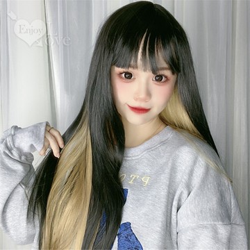 假髮 搭配專區 Cospaly齊劉海長直髮耳圈染-黑色+亞麻色