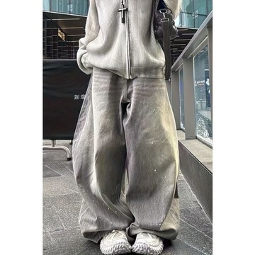 激安價格😎美式復古水洗灰色做舊潑墨牛仔褲男女高街痞帥休閒寬鬆闊腿彎刀褲TQZV