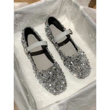 羊皮版~真皮圓頭甜美一字單鞋女平底仙女風閃亮片銀色瑪麗珍女鞋