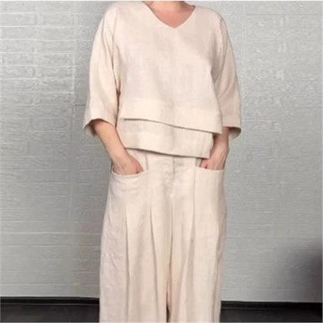 2025歐美風跨境獨立站純色圓領長袖休閑上衣中腰口袋直筒褲兩件套