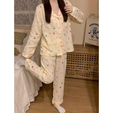韓版ins甜美彩色碎花睡衣女春秋季長袖長褲網紅高顔值家居服套裝女生長袖睡衣 女生甜美可愛睡衣 女生居家休閒睡衣