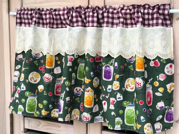 歐蕾塔手做**紫格綠底棉麻氣泡飲手作短簾