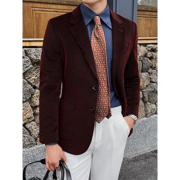 燈芯絨西裝外套男秋冬季厚款高級感韓版英倫修身商務休閑帥氣西服