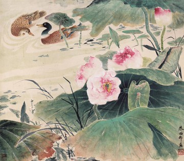 朱梅?荷塘雙鴛40X45仿古畫復制名畫花鳥畫名人字畫國畫玄關畫