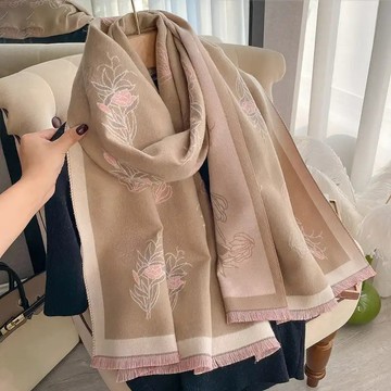 英國名媛風溫柔玫瑰花仿羊絨圍巾女法式長方形圍脖披肩優雅