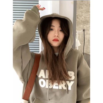 TXT寬松慵懶風情侶刺繡連帽秋冬運動oversize套頭加厚衛衣外套女