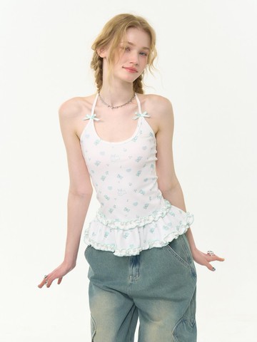 ziziFei夏季美式復古設計感兔子碎花花邊下擺白色掛脖吊帶背心女