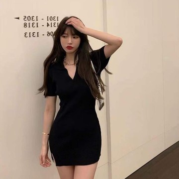 愛依依 洋裝  開叉裙 S-XL新款黑色連身裙收腰顯瘦純欲風辣妹包臀V領開叉短裙子3F126-177.