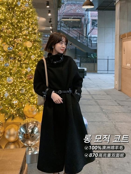 法兒家 韓國定制100%綿羊毛高克重系腰大衣女中長款黑色毛呢外套