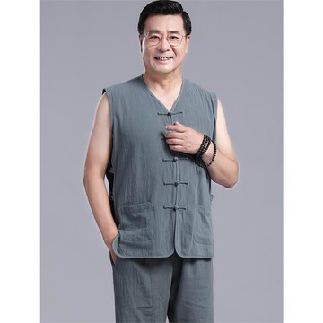 夏季棉麻唐裝中老年馬甲套裝中國風青年中式鏤空坎肩爸爸漢服男裝