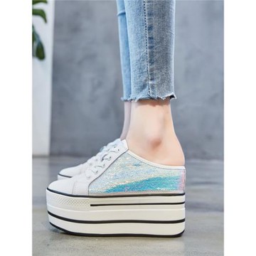 高跟包頭半拖鞋女外穿厚底12cm內增高真皮無后跟懶人亮片單鞋百搭