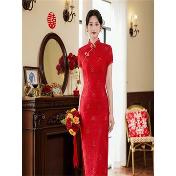 改良中式禮服訂婚旗袍中國紅短袖頒獎禮儀民國氣質媽媽裝婚宴紅色