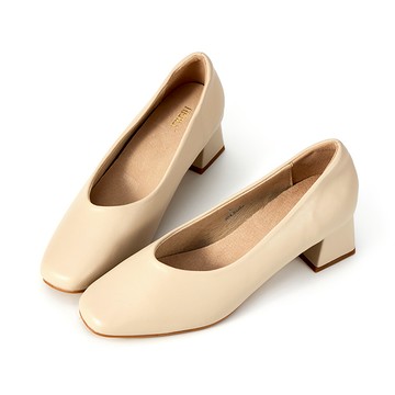 通勤必備全真皮素面方頭粗跟鞋 米色