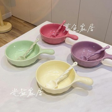 🔥臺灣24H🔥ins風高顔值餐碗 fufu奶油色餐具 陶瓷手柄勺 家用一人食奶油泡麵飯碗套裝 創意餐具 EZNZ