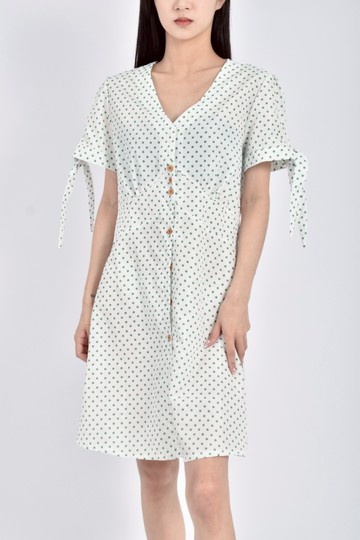 (S) 棉質V領點點白色洋裝