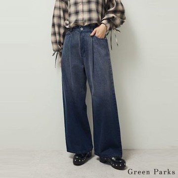 〚Green Parks〛復古風格高腰素面/刷色牛仔寬褲