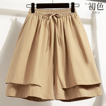 初色 純色復古拼接鬆緊腰五分褲闊腿休閒褲寬褲短褲-共3色-35657(M-4XL可選)