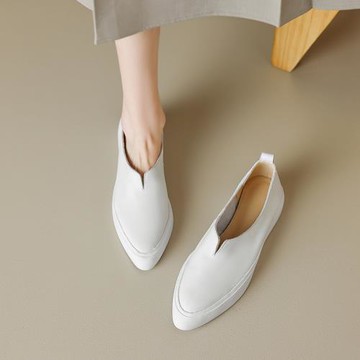 Tisdaini 時尚秀氣~黑色尖頭真皮V口平底鞋女春秋米白色單鞋2.5cm