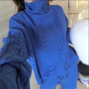 2025秋冬新款加厚高領藍色麻花毛衣套裝女針織套裝兩件套闊腿褲子