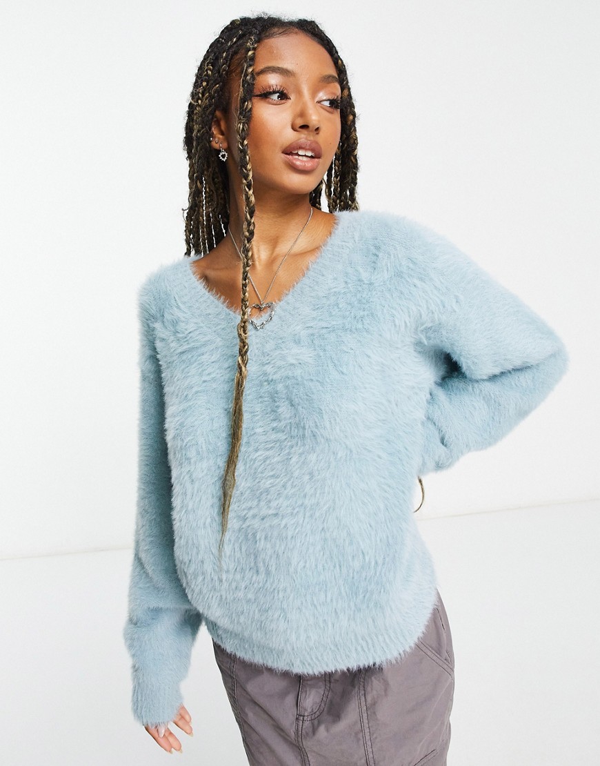 Weekday Cora hairy yarn v neck jumper in light blue