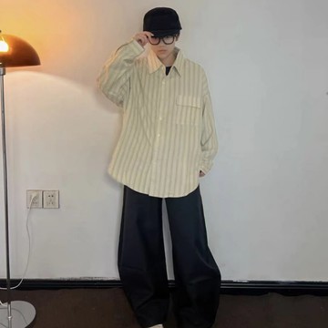 【癮品流行-YP】長袖襯衫 百搭外套 秋季薄款襯衫 長袖 秋季襯衣 男襯衫 美式復古 條紋長袖襯衫 寬鬆 學院風 燈芯絨