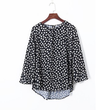 夏季女裝韓版撞色波點優雅圓領套頭喇叭袖寬松前短后長襯衫