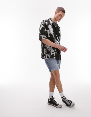 Topman short sleeve relaxed sheer abstract revere shirt in multi-Black