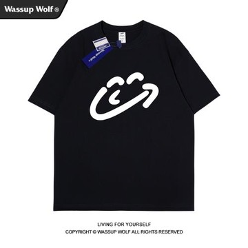 Wassup Wolf美式潮牌笑臉字母印花短袖t恤男夏季情侶寬松休閑上衣
