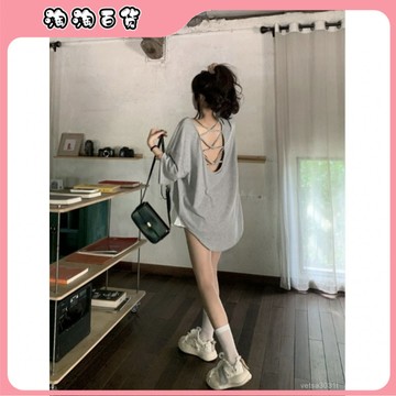 🔥臺灣出貨快🔥大碼小心機露背短袖T恤女2024夏季新款慵懶風休閒寬鬆中長款上衣