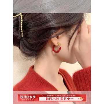 海藍藍金屬拼接圈圈歐美耳環高級感大氣夸張氣質紅色耳圈設計感