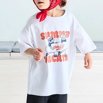 日本 petit main - 100%棉 夏季感印花短袖上衣-一起衝浪-白